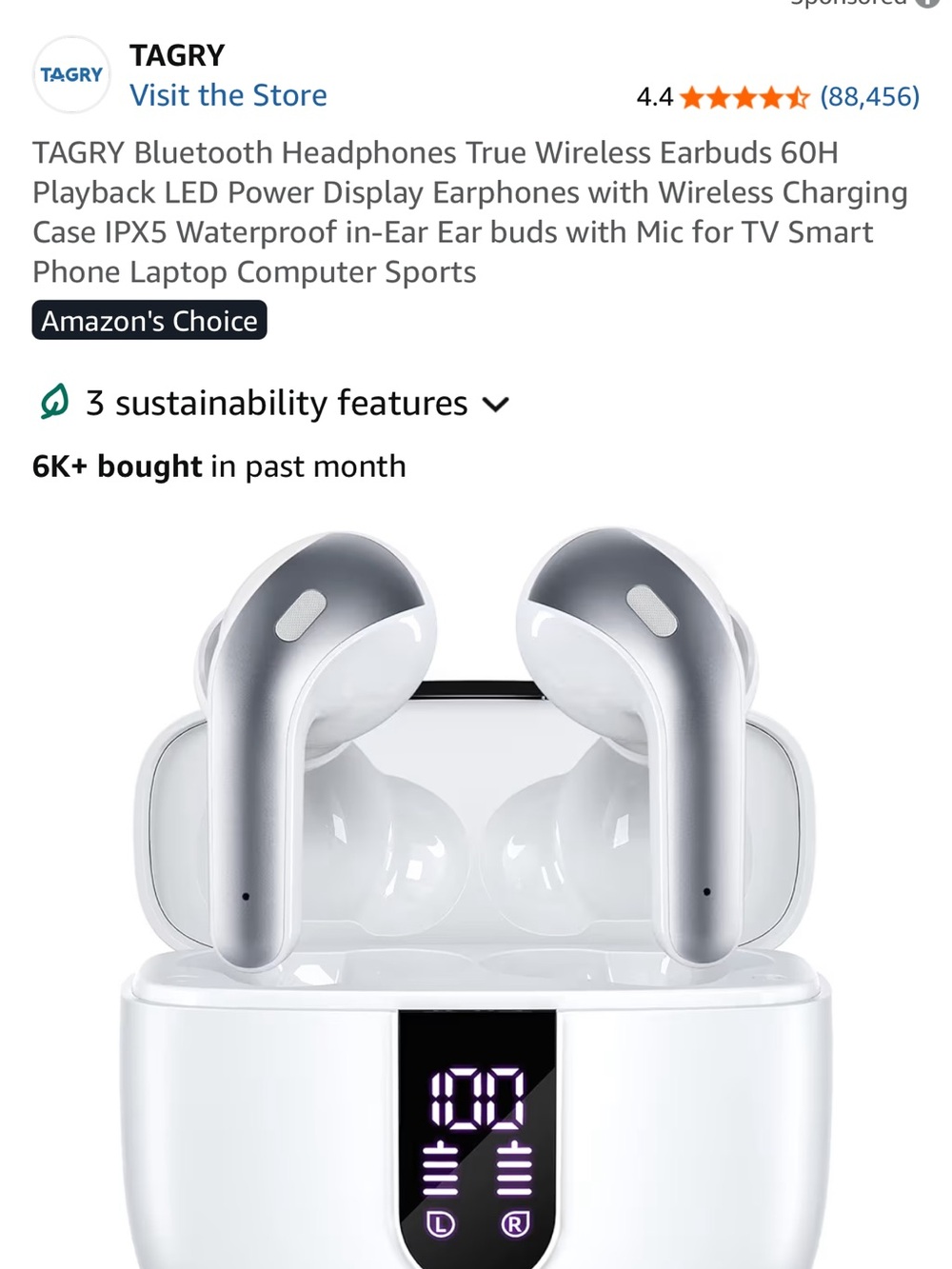 White & Silver True Wireless Bluetooth Earbuds with LED Charging Case